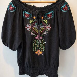 Black Embroidered Peasant Blouse Off Shoulder Boho Top Cotton M